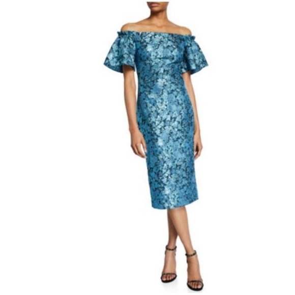 Theia Metallic Tissue Faille Off-Shoulder Flare-Sleeve Cocktail Dress sz Small - Picture 1 of 7